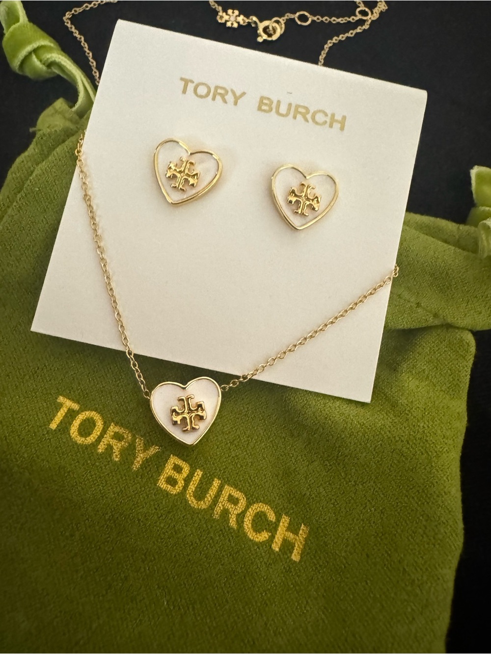 Tory Burch Gold and White Heart Logo Necklace with Matching Studs